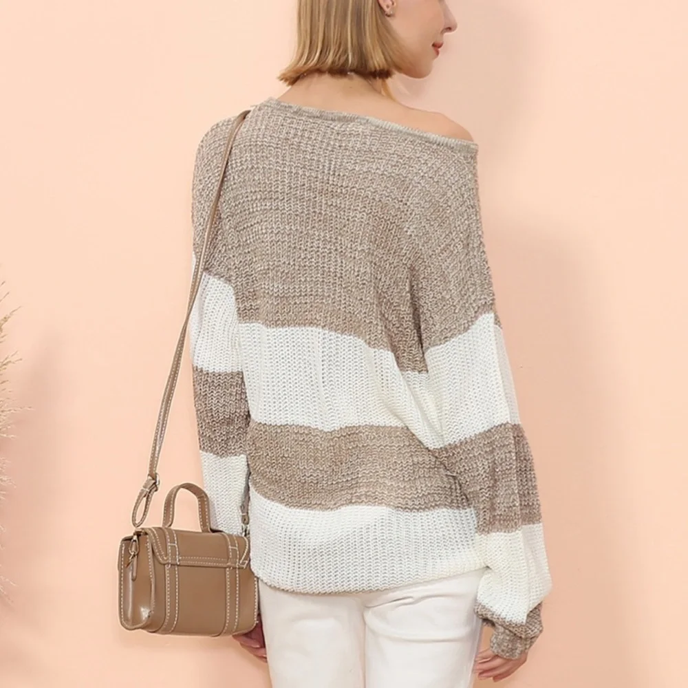 NWT Tan & White Striped Long Sleeve Sweater Top - Picture 2 of 2